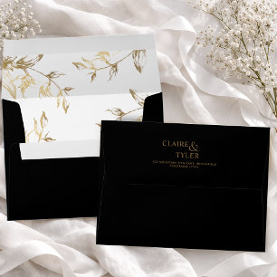Enveloppe Élégant mariage noir avec motifs floraux blancs et
