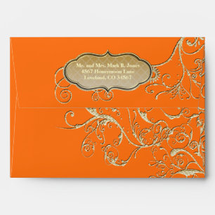 Enveloppe Élégant Mariage Vintage Orange Coral Gold Swirl