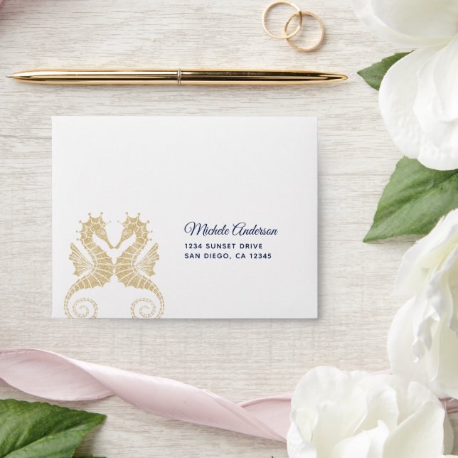 Enveloppe Elégant Marine Blue Gold Seahorses Mariage RSVP (Wedding)