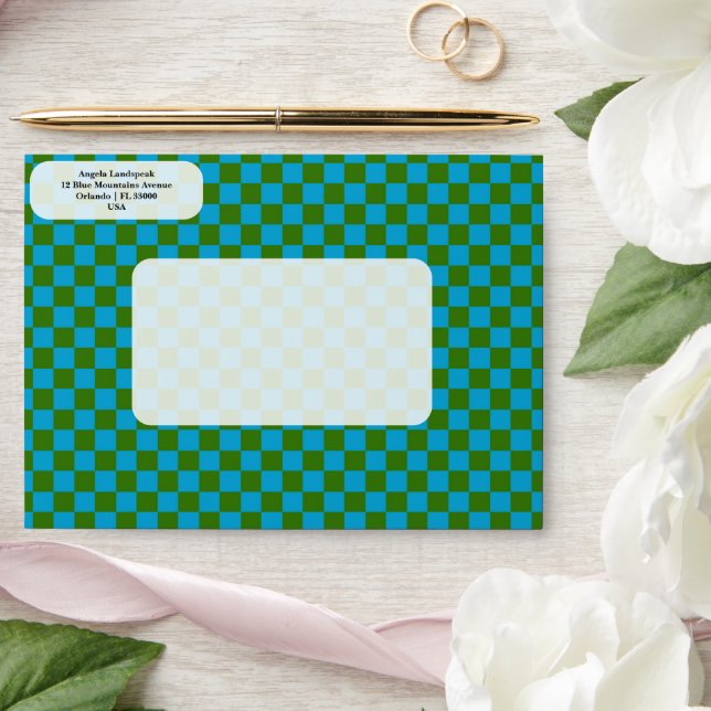 Enveloppe Élégant, moderne À damiers bleu et vert (Wedding)