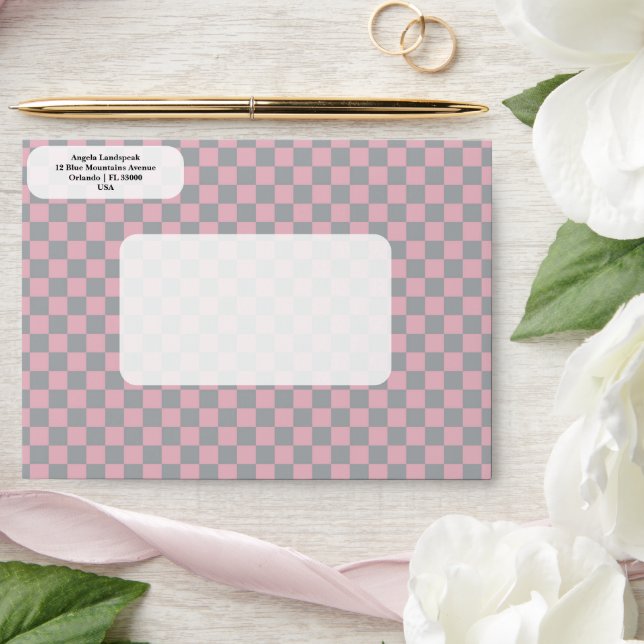 Enveloppe Élégant, moderne gris clair & rose À damiers (Wedding)