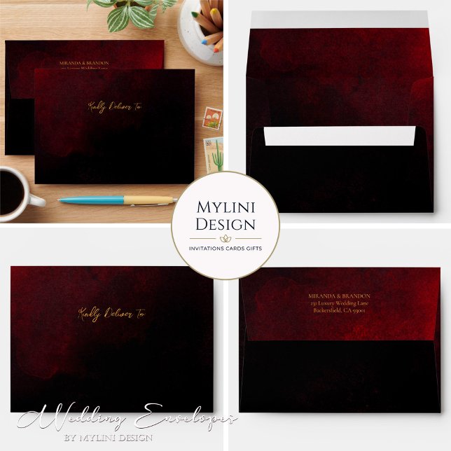 Enveloppe Élégant moderne Luxe Or noir Mariage rouge (Créateur téléchargé)