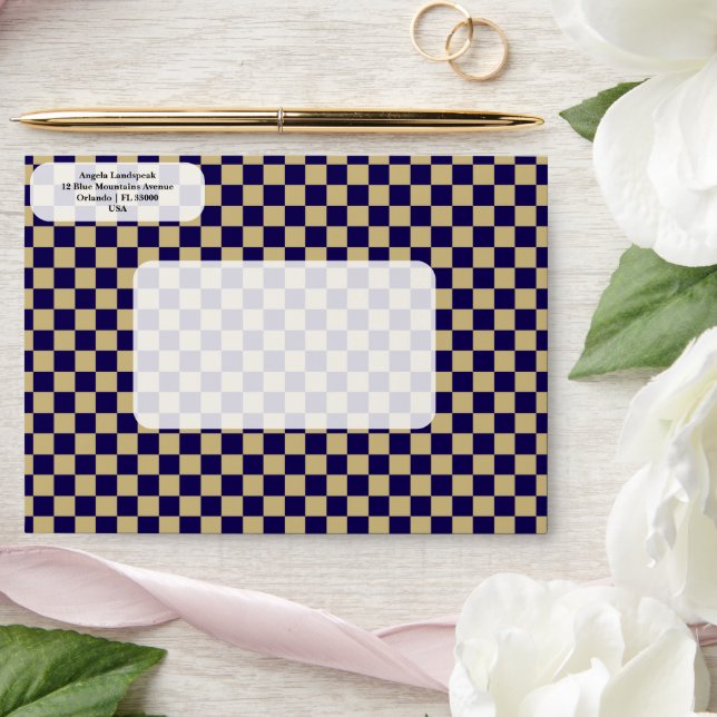 Enveloppe Elégant, Moderne Marine Bleu, À damiers Beige (Wedding)