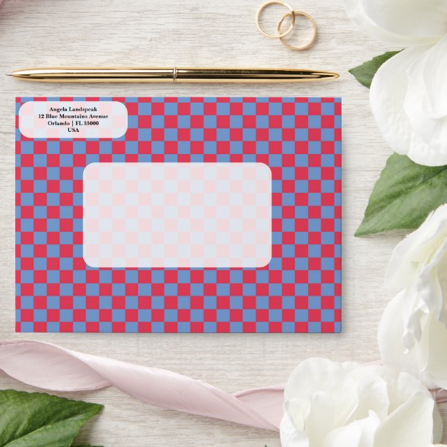 Enveloppe Élégant, moderne rose & À damiers bleu (Wedding)
