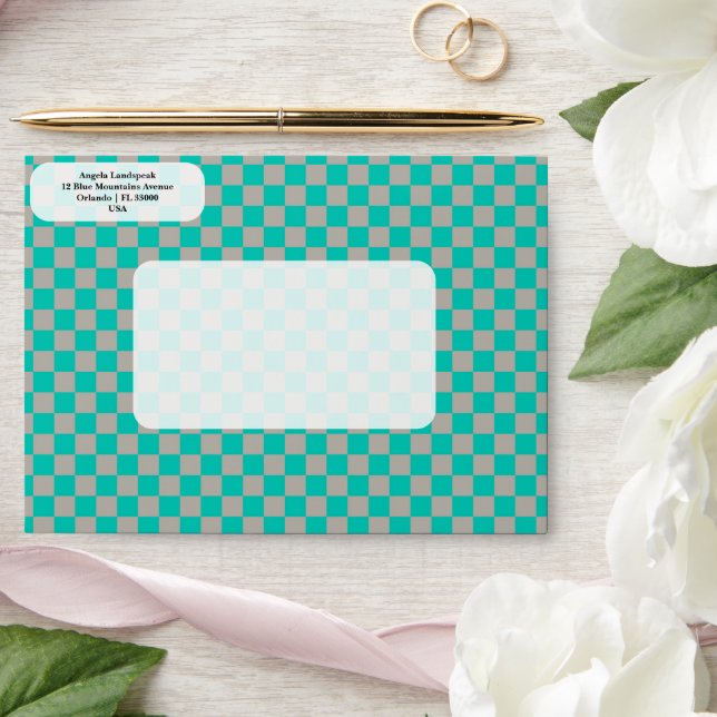 Enveloppe Elégant, moderne Turquoise Green, gris À damiers (Wedding)