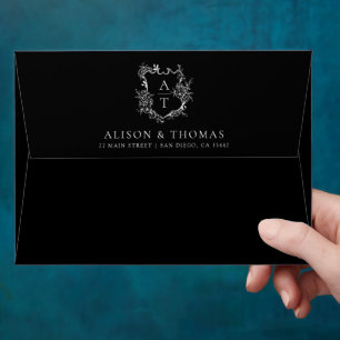 Enveloppe Élégant Monogram Crest noir blanc Mariage