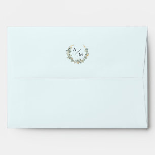 Enveloppe Élégant, monogramme, couronne d'eucalyptus, bleu c