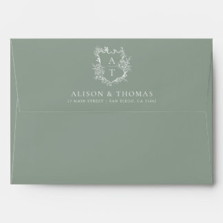 Enveloppe Élégant Monogramme Floral Crest Sage Vert Mariage