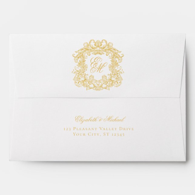 Enveloppe Élégant Monogramme Mariage Crest Gold (Dos (Haut rabat))