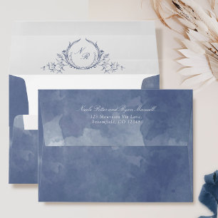 Enveloppe Élégant Monogramme Marine Mariage d'aquarelle bleu
