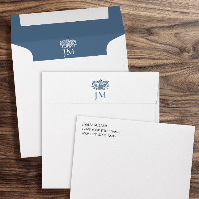 Enveloppe Élégant Monogramme Orné Floral Bleu (Créateur téléchargé)