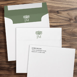 Enveloppe Élégant Monogramme Orné Floral Vert