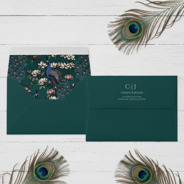 Enveloppe Élégant Monogramme Turquoise Peacock Adresse de re (Elegant Dark Teal Envelopes with Pretty Peacock & Magnolia Flower Pattern. Chic Modern Chinoiserie.)