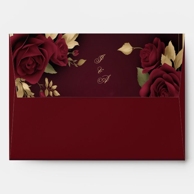 Enveloppe Élégant Moody Bourgogne Rouge Floral et Mariage Or (Dos (Haut rabat))