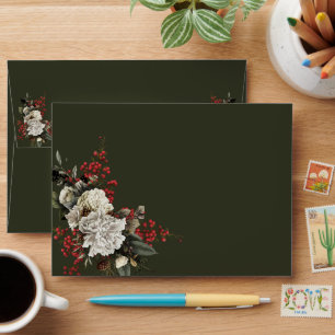 Enveloppe Élégant Noël Floral Dark Green Adresse de retour