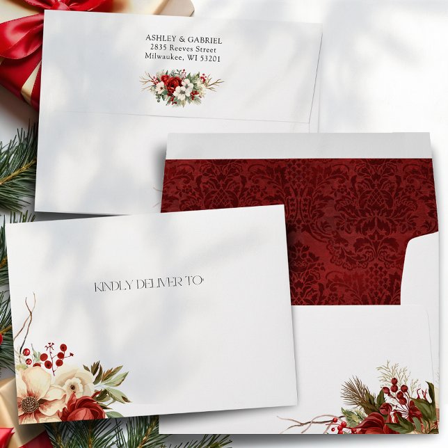 Enveloppe Élégant Noël Rouge Damas Floral (Créateur téléchargé)