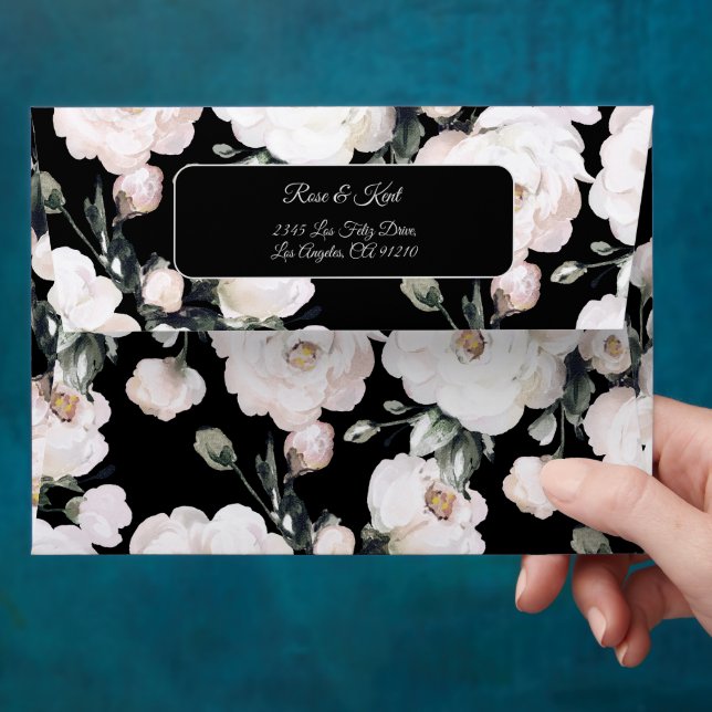 Enveloppe Élégant noir blanc motif floral Mariage (Hand)