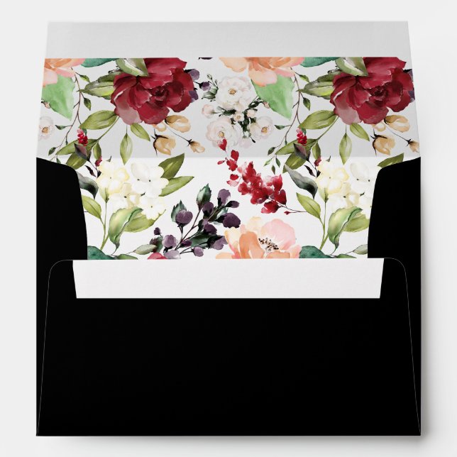 Enveloppe Elégant noir bordeaux blanc blanc blanc motif flor (Dos (Bas))