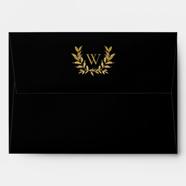 Enveloppe Élégant noir feuille d'or Monogramme Mariage moder (Dos (Haut rabat))