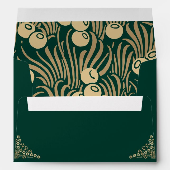 Enveloppe Elégant or Art Déco sur faire-part de mariage vert (Dos (Bas))