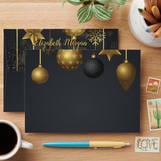 Enveloppe Élégant or boules de Noël foncé (Desk)