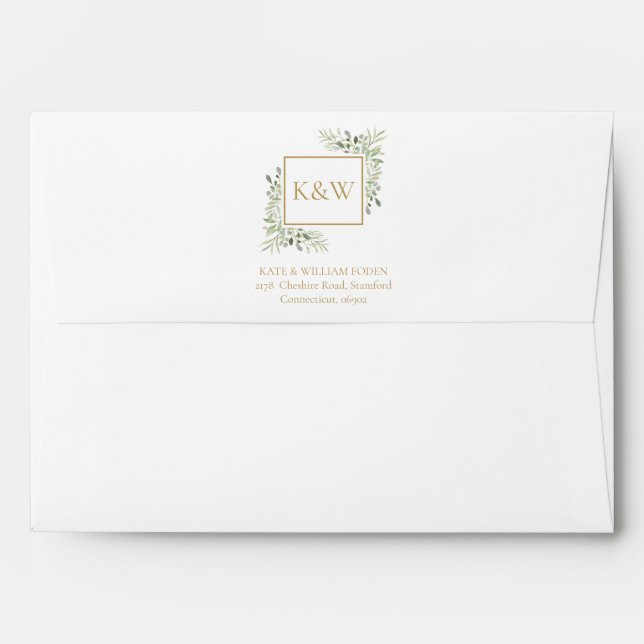 Enveloppe Elégant or Monogramme Aquarelle Verdure Mariage (Dos (Haut rabat))