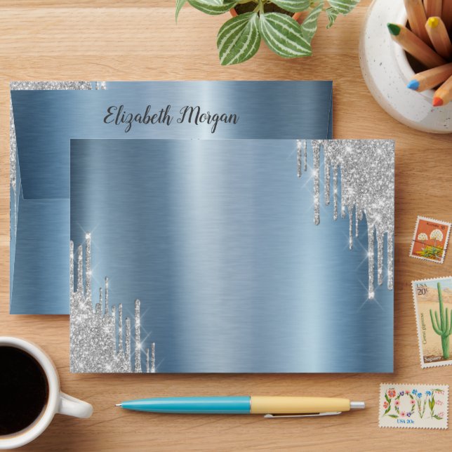 Enveloppe Elégant Parties scintillant argent gouttes bleu (Desk)