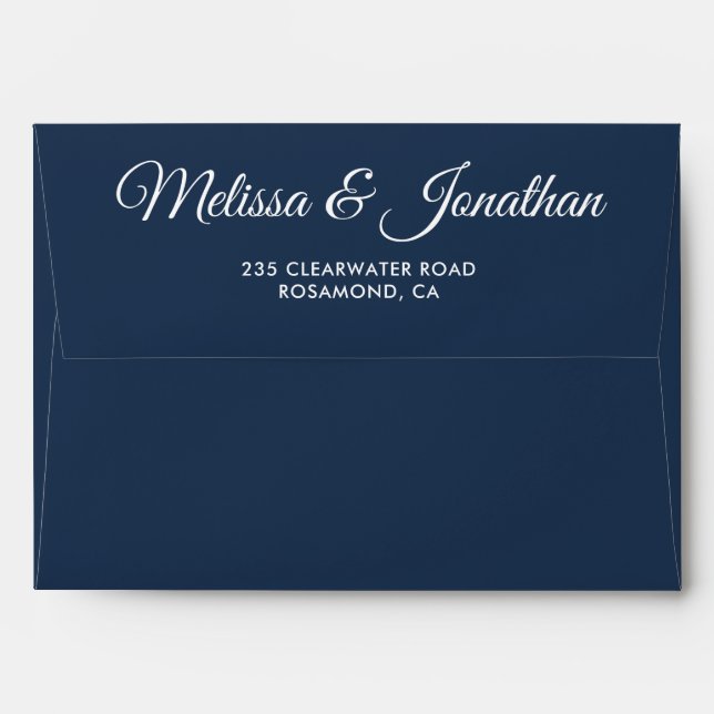 Enveloppe Élégant Prussien moderne bleu blanc script mariage (Dos (Haut rabat))