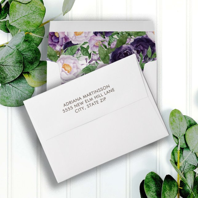 Enveloppe Élégant Purple Aquarelle Peonies Floral (Purple peonies baby shower envelope)