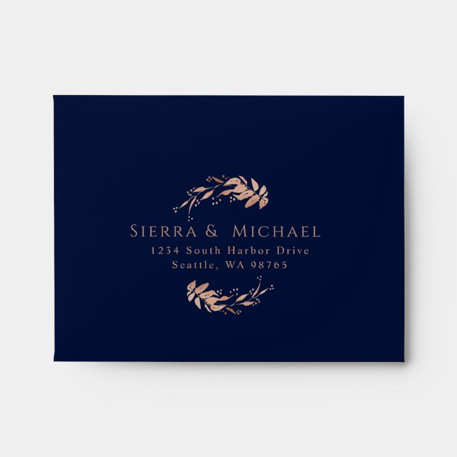 Enveloppe Elégant Rose bleu marine Gold Foliage mariage RSVP (Devant)