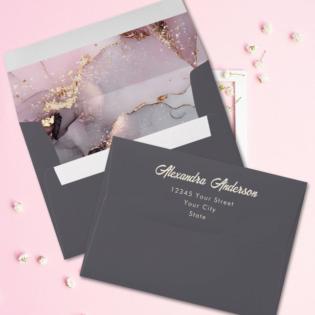 Enveloppe Elégant rose noir Parties scintillant or Agate Gir (Elegant Pink Black Gold Glitter Agate Girly Envelope)