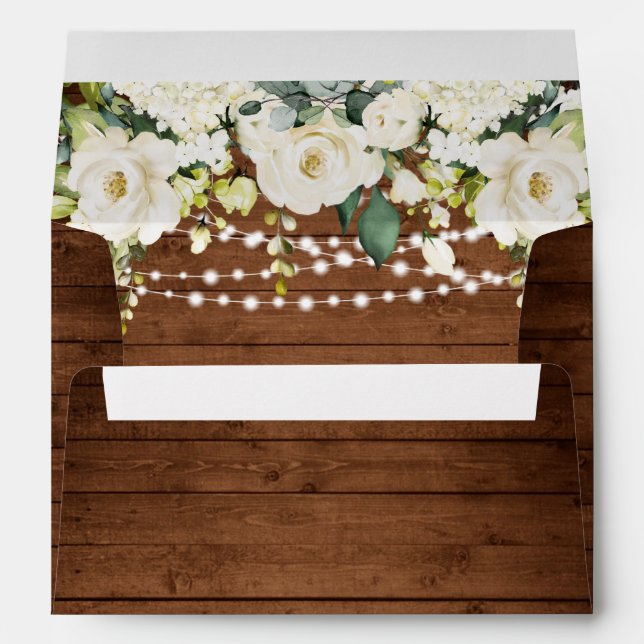 Enveloppe Elégant Roses Blanches Dentelle Mariage en bois ru (Dos (Bas))