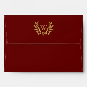 Enveloppe Élégant rouge feuille or Monogramme Mariage modern