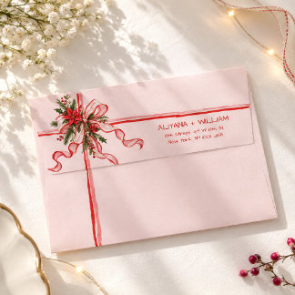 Enveloppe Élégant Ruban à Nœud Floral Rouge et Rose pour Noë