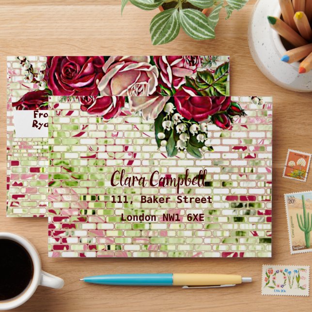Enveloppe Élégant Rustique Bourgogne Floral Maroon Rose Mari (Desk)