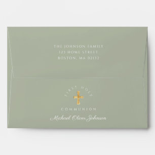 Enveloppe Elégant Sage Green Croix religieuse Première commu