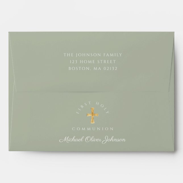 Enveloppe Elégant Sage Green Croix religieuse Première commu (Dos (Haut rabat))