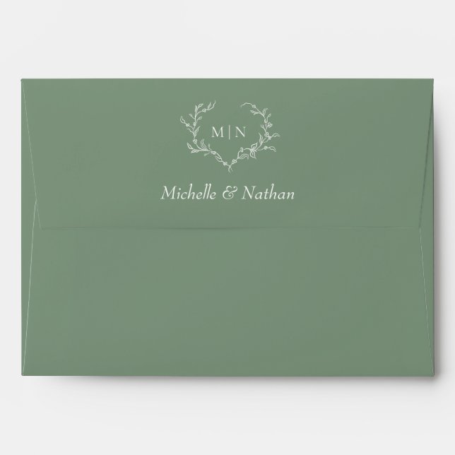 Enveloppe Élégant Sage Green Mariage Monogramme (Dos (Haut rabat))