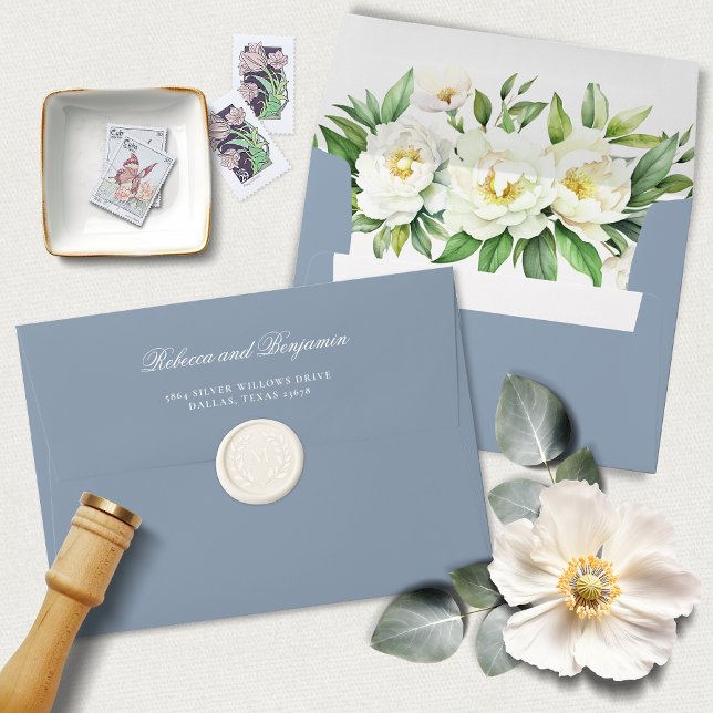Enveloppe Élégant Script Blue Floral Mariage d'adresse perso (Créateur téléchargé)