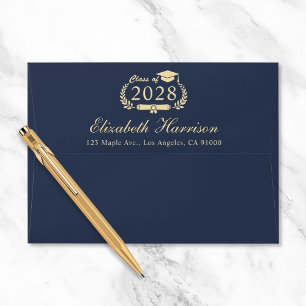 Enveloppe Élégant Script Blue Gold Graduation Adresse de ret