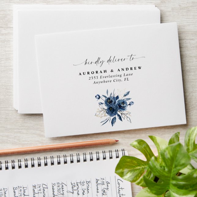 Enveloppe Élégant Simple Bleu de Nuit Floral Bohème Mariage (Stacked)