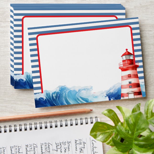 Enveloppe Elegant Striped Blue Red Nautical Lighthouse Ocean (Stacked)