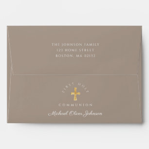 Enveloppe Elégant Taupe Religieux Croix Garçon Première Comm