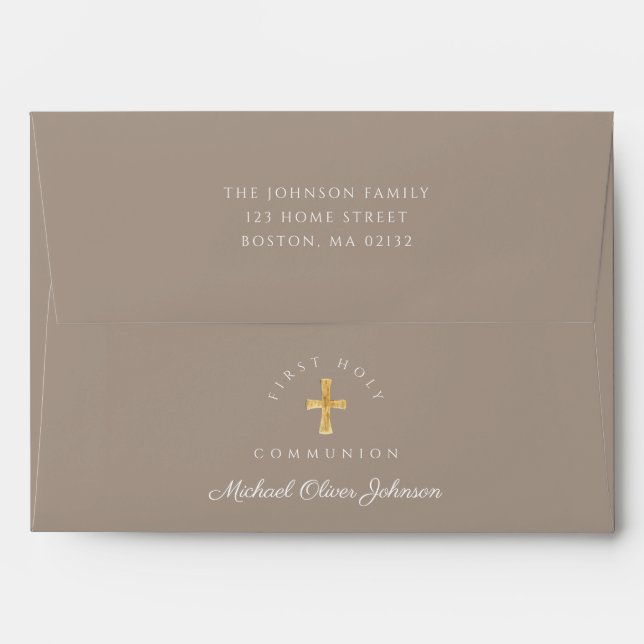 Enveloppe Elégant Taupe Religieux Croix Garçon Première Comm (Dos (Haut rabat))