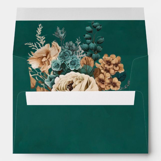 Enveloppe Elégant Turquoise et or Aquarelle Mariage floral (Dos (Bas))
