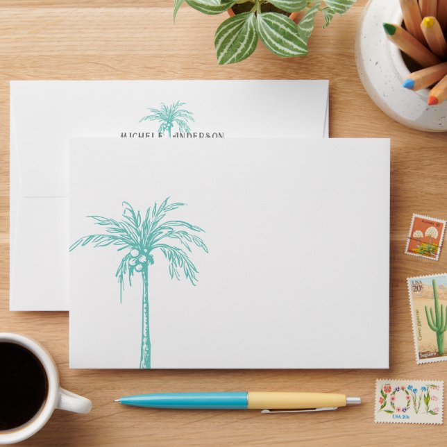Enveloppe Élégant Turquoise Palm Tree Adresse de retour (Desk)