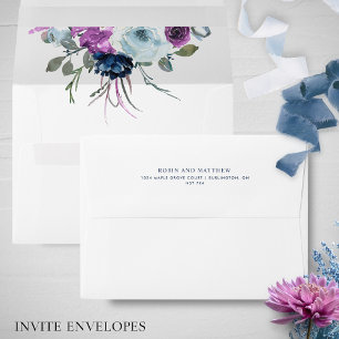 Enveloppe Élégant violet et Mariage floral bleu, blanc