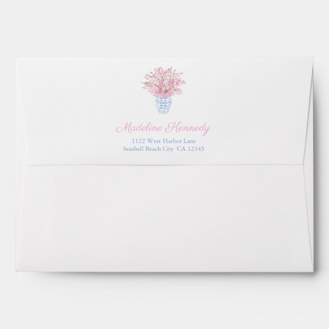 Enveloppe Élégante Adresse de retour Mariage bleu et rose (Dos (Haut rabat))