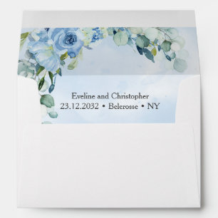 Enveloppe Elégante aquarelle bleu poussiéreux cadre or flora