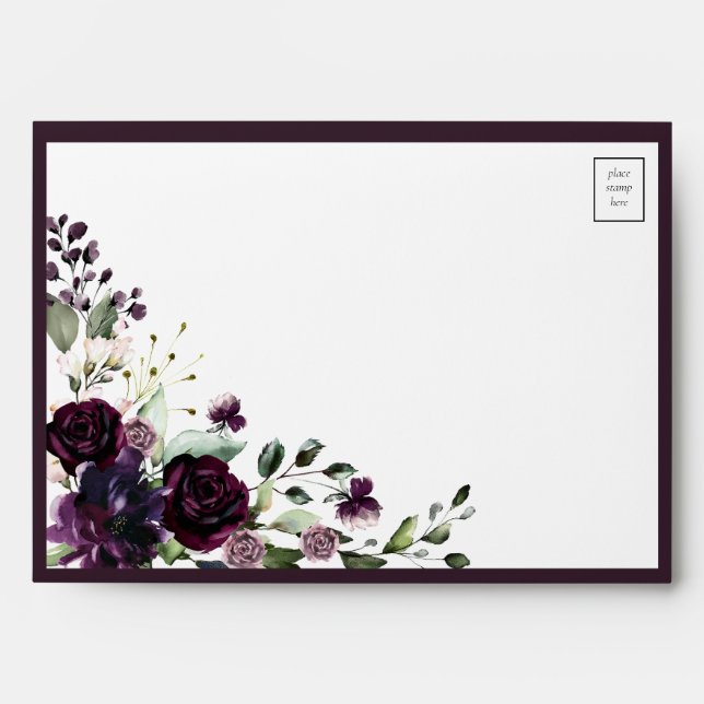 Enveloppe Elégante Aquarelle florale mauve prune (Devant)